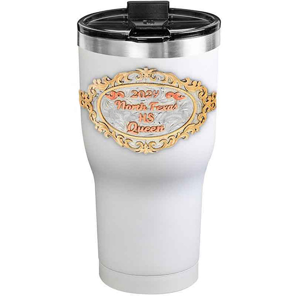 A customized tumbler made of stainless steel with a personalized engraved initials and North Texas High School Queen lettering, 30 oz, ideal for coffee or cool drinks